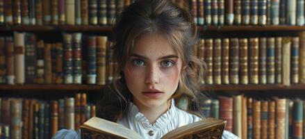 ai generado retrato de niña leyendo libro en el biblioteca foto