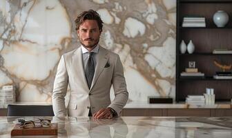 AI generated Portrait of handsome man in suit standing at bar counter. photo