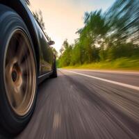 ai generado coche exceso de velocidad abajo el la carretera foto