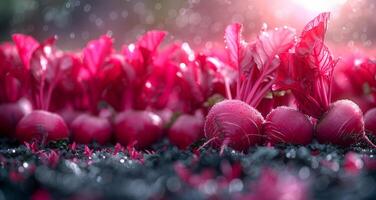 AI generated Fresh radishes grow in the garden under the rain. Selective focus photo