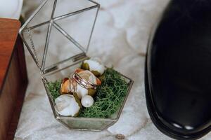 elegante Boda anillos en un vaso pararse. promesas compromiso. lujo matrimonio y Boda accesorio concepto. dos Boda anillos y un Boda invitación. foto