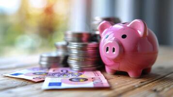 AI generated European Economics Concept, Pink Piggy Bank Resting on a Pile of Euro Banknotes, Finance, Money Savings Account, and the Future Growth of Compound Interest in Saving or Investing photo