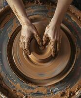 AI generated Hands Shaping Clay on Pottery Wheel photo