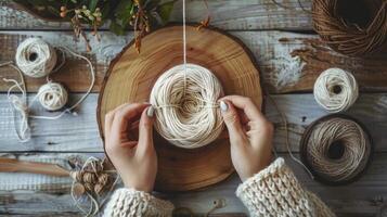 ai generado aficionado tejido de punto macramé con manos y hilo en de madera tablero foto