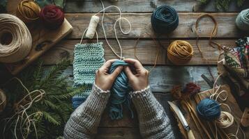 AI generated Hobbyist Knitting Macrame with Hands and Thread on Wooden Board photo