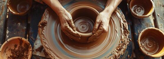 AI generated Hands Shaping Clay on Pottery Wheel photo