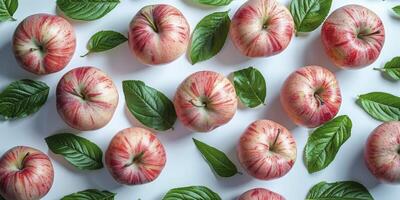 AI generated Top View, Flat Lay Fruit Pattern of Apples with Leaves photo