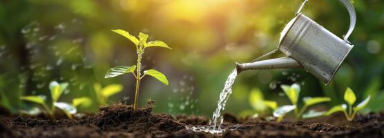 ai generado riego un joven planta con un riego lata en suelo en contra un fondo de lozano verde naturaleza. foto