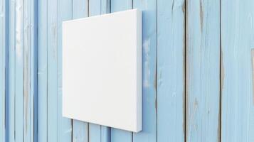AI generated Mockup Wall Decor White Canvas Suspended Against a Light Blue Wooden Wall photo