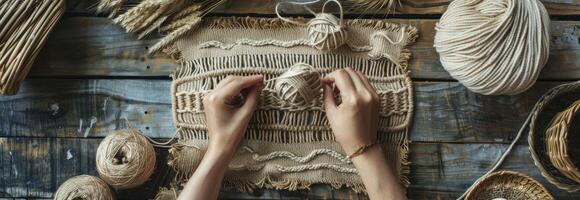 AI generated Hobbyist Knitting Macrame with Hands and Thread on Wooden Board photo