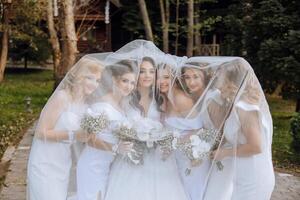 Boda fotografía en naturaleza. un morena novia y su novias actitud debajo un velo, participación ramos de flores foto