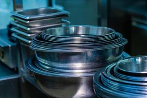 Kitchen stainless cooking equipment. Professional commercial kitchenware industry. photo