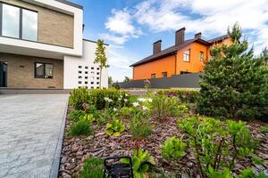 Facade of the house. New concrete building. Modern architecture. photo