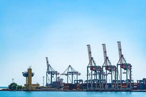 Logistics business. Huge cranes and containers, sunny summer day. International port photo