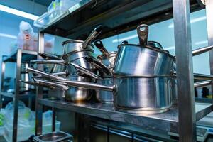 Big industry kitchen equipment. Stainless cooking commercial equipment. photo