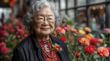 ai generado mayor dama disfrutando su hermosa flor jardín, con amplio Copiar espacio foto