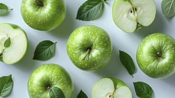 AI generated Top View, Flat Lay Fruit Pattern of Apples with Leaves photo
