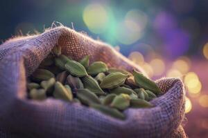 AI generated Green cardamom out of the sack photo