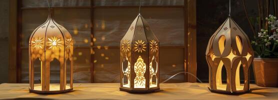 AI generated Islamic art of wooden tiki lantern gifts. photo