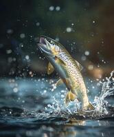 AI generated Trout jumping out from the water. Fishing concept photo