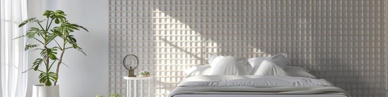 ai generado contemporáneo elegancia, lujoso blanco dormitorio adornado con moderno pared decoración foto