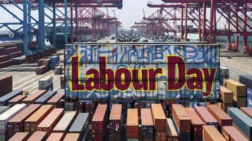 AI generated Labour Day Celebration, Text Adorned on Shipping Container, Honoring Workers Contributions photo