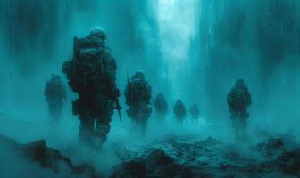 ai generado equipo de soldados camina mediante brumoso glacial cueva. foto
