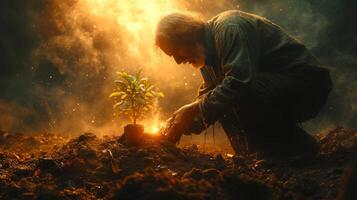 AI generated man planting small plants in the dirt photo
