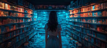 AI generated Woman stands in room full of books. photo