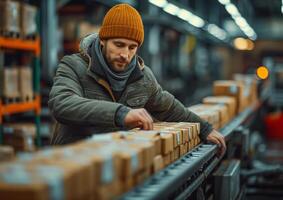 AI generated Young man working at warehouse with boxes photo