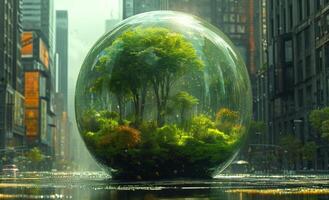 AI generated Eco concept. Green ball filled with plants in front of a city street photo