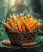 AI generated Fresh baby carrots in basket on wooden table photo