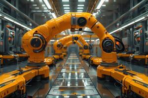 AI generated Robotic arms in car plant photo