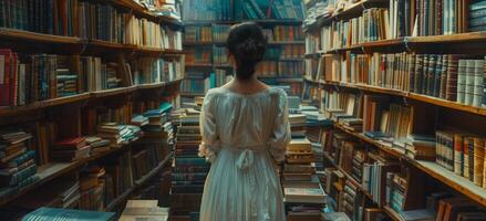 ai generado mujer soportes en biblioteca rodeado por libros. foto