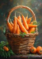 AI generated Fresh carrots in basket. Basket is filled with carrots photo