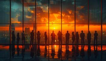 AI generated Silhouettes of business people in large office. Group of business people standing in front of office windows photo