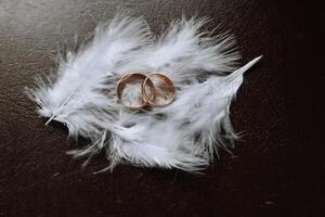 elegante Boda anillos en un blanco pluma. promesas compromiso. lujo matrimonio y Boda accesorio concepto. dos Boda anillos y un Boda invitación. foto