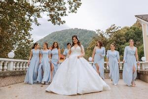 Wedding photography. A brunette bride in a white dress with a bouquet and her brunette girlfriends photo