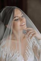 Beautiful young bride holding veil in white wedding dress, portrait of brunette bride in hotel room, morning before wedding. photo