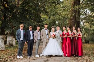 Wedding photo session in nature. The bride and groom and their friends