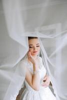 Beautiful young bride holding veil in white wedding dress, portrait of brunette bride in hotel room, morning before wedding. photo