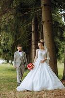 Wedding couple on a walk in the autumn park. The bride in a beautiful white dress. Love and relationship concept. Groom and bride in nature outdoors photo