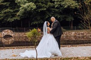 Boda Pareja en un caminar en el otoño parque. el novia en un hermosa blanco vestido. amor y relación concepto. novio y novia en naturaleza al aire libre foto