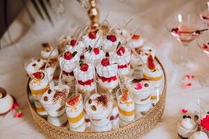 almendra galletas, dulce pasteles para un Boda banquete. un delicioso recepción, un lujoso ceremonia. mesa con dulces y postres delicioso vistoso francés postres en un plato o mesa. caramelo bar. foto