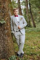 retrato de un hermoso joven novio en un otoño día al aire libre en un elegante traje. al aire libre foto. hermoso hombre en un negocio traje. foto