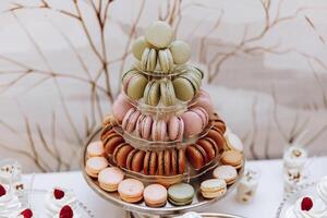 Almond cookies, sweet cakes for a wedding banquet. A delicious reception, a luxurious ceremony. Table with sweets and desserts. Delicious colorful French desserts on a plate or table. Candy bar. photo
