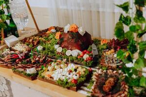 cosaco mesa. banquete salón carne trata para huéspedes. hecho en casa recortes Cerdo filete de lomo. delicioso carne cortes carne lámina. delicioso composiciones desde ahumado menta. cabaña queso. foto