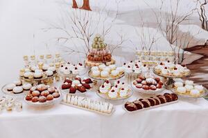 almendra galletas, dulce pasteles para un Boda banquete. un delicioso recepción, un lujoso ceremonia. mesa con dulces y postres delicioso vistoso francés postres en un plato o mesa. caramelo bar. foto