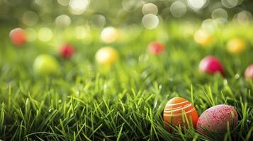 ai generado vistoso Pascua de Resurrección huevos en el verde césped foto