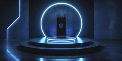 AI generated A mockup featuring sleek futuristic lightbox retail displays in black, accented with blue lights. Positioned above a glossy black table is a lightbox ring showcasing smartphones. photo